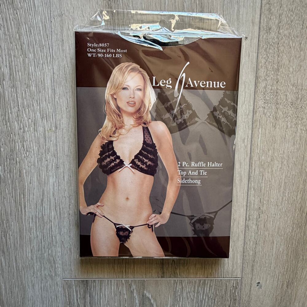 Leg Avenue Black Ruffle Halter Top & Tie Side Thong Set One Size NWT Sexy
